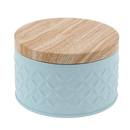 Round storage box with wooden lid