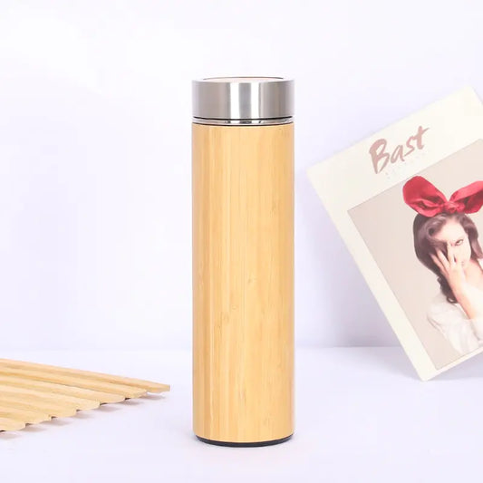 Bamboo thermos bottle with tea strainer insert 